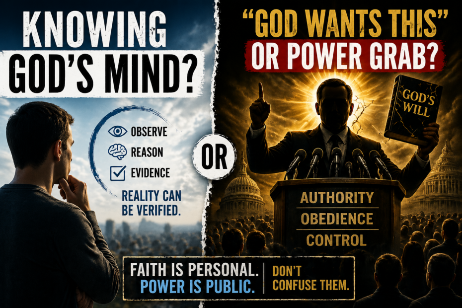 Split-screen political thumbnail contrasting evidence and reason with a shadowed authority figure claiming God’s will, warning against divine authority in politics.