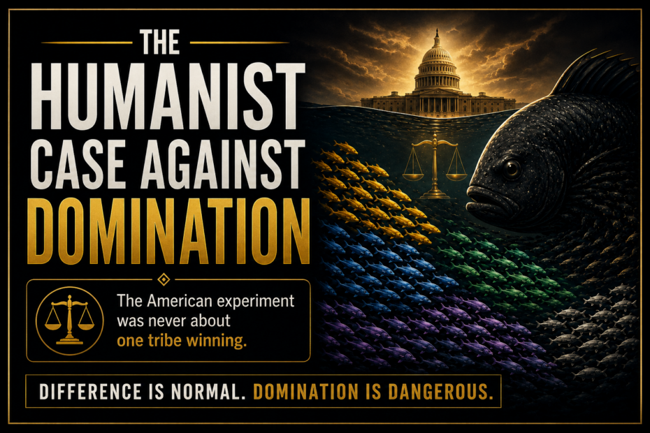 Black and gold blog thumbnail for “The Humanist Case Against Domination,” showing different schools of fish coexisting while a larger fish symbolizes domination.