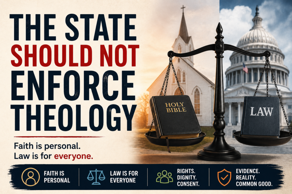 A bold editorial-style thumbnail showing the phrase “The State Should Not Enforce Theology” beside imagery of a church, the U.S. Capitol, and balanced scales holding a Bible and a law book. The design emphasizes separation of church and state, individual freedom of belief, and evidence-based public law.